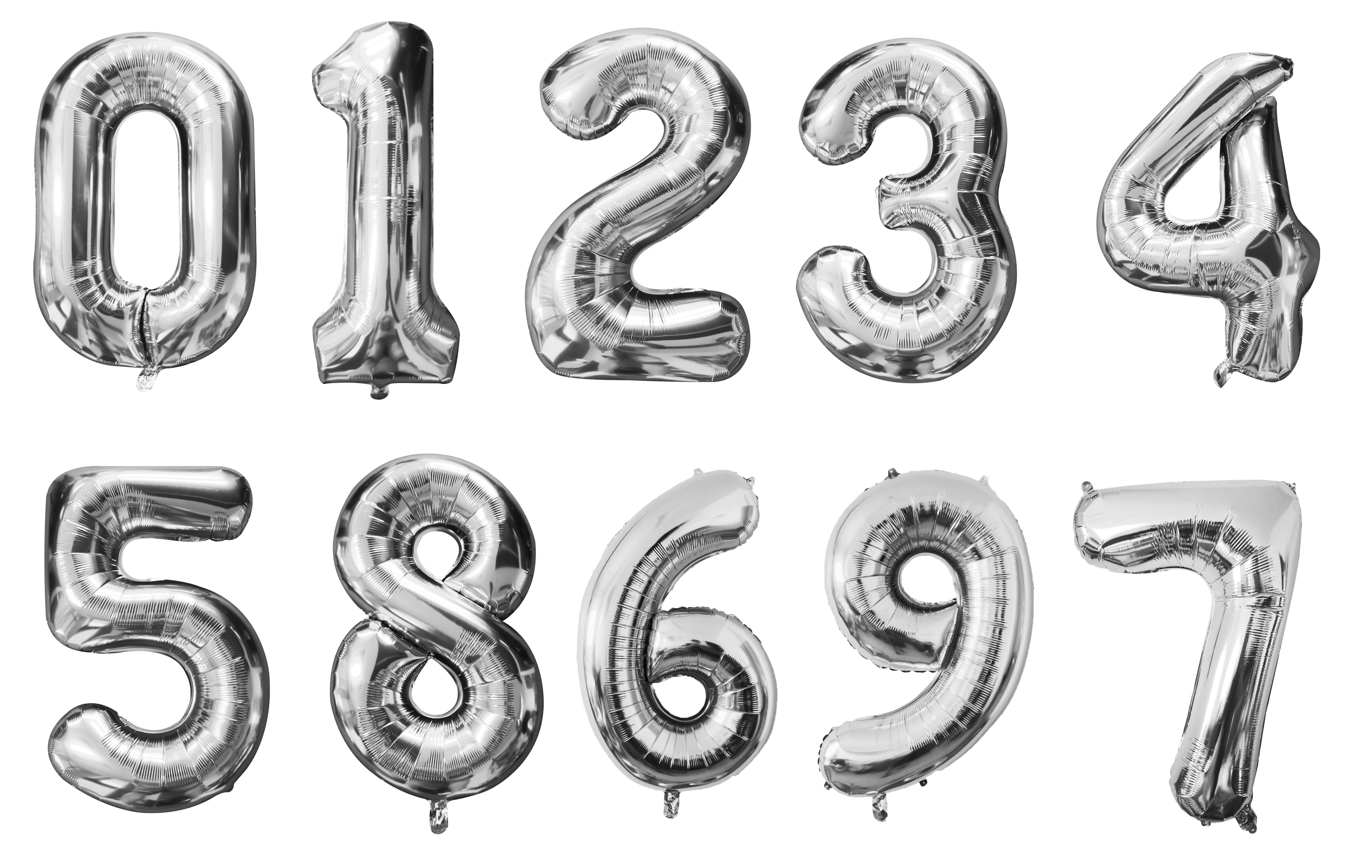 Complete silver 40 inch foil number balloon range from 0 to 9